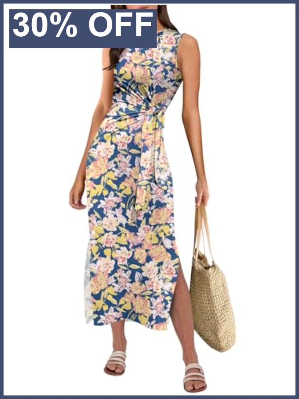 Slim Fit Sleeveless Tie Waist Midi T-Shirt Dress Side Split Casual